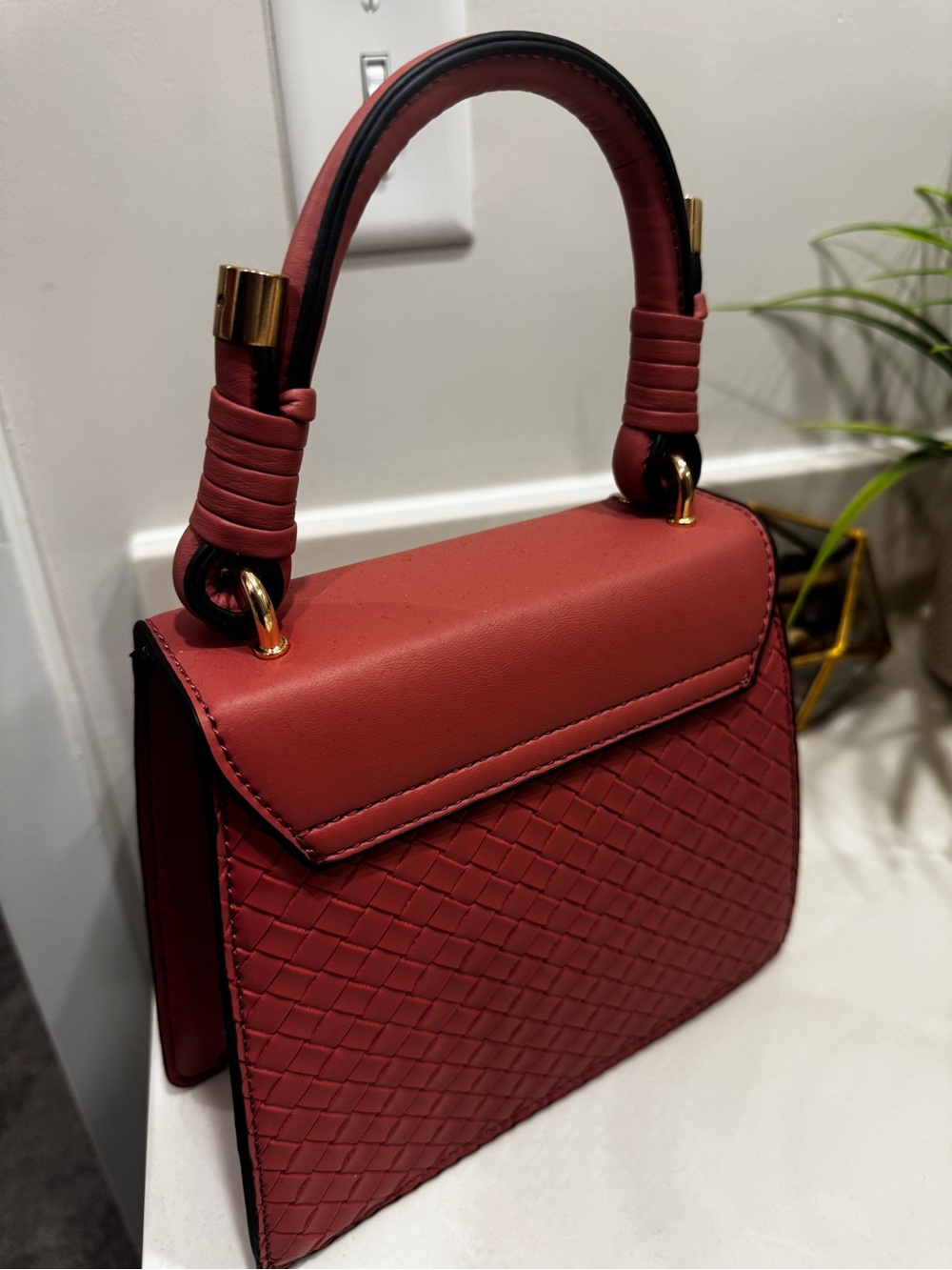 Stylish Woven-Accent Top Handle Bag in Blush pink (it’s not red)